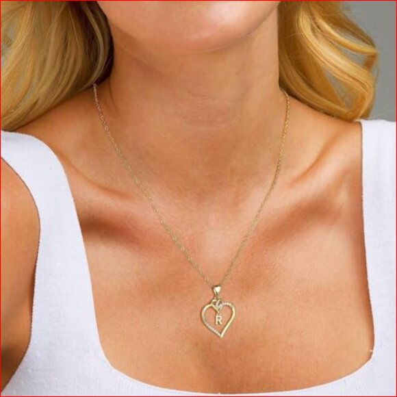 14K Gold Plated Heart Initial Pendant Necklace with CZ Stone - Picture 4 of 7